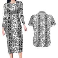Hawaii Vintage Gray Hibiscus Tapa Pattern Couples Matching Long Sleeve Bodycon Dress and Hawaiian Shirt