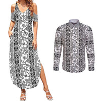 Hawaii Vintage Gray Hibiscus Tapa Pattern Couples Matching Summer Maxi Dress and Long Sleeve Button Shirt