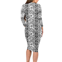 Hawaii Vintage Gray Hibiscus Tapa Pattern Long Sleeve Bodycon Dress