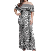 Hawaii Vintage Gray Hibiscus Tapa Pattern Off Shoulder Maxi Dress