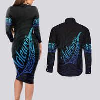 Aotearoa New Zealand Couples Matching Long Sleeve Bodycon Dress and Long Sleeve Button Shirt Koru Fern Blue Gradient