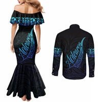 Aotearoa New Zealand Couples Matching Mermaid Dress and Long Sleeve Button Shirt Koru Fern Blue Gradient