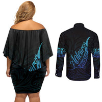 Aotearoa New Zealand Couples Matching Off Shoulder Short Dress and Long Sleeve Button Shirt Koru Fern Blue Gradient