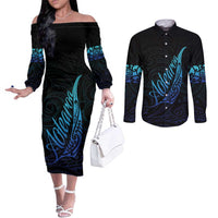 Aotearoa New Zealand Couples Matching Off The Shoulder Long Sleeve Dress and Long Sleeve Button Shirt Koru Fern Blue Gradient