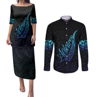 Aotearoa New Zealand Couples Matching Puletasi and Long Sleeve Button Shirt Koru Fern Blue Gradient