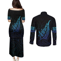 Aotearoa New Zealand Couples Matching Puletasi and Long Sleeve Button Shirt Koru Fern Blue Gradient