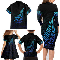 Aotearoa New Zealand Family Matching Long Sleeve Bodycon Dress and Hawaiian Shirt Koru Fern Blue Gradient