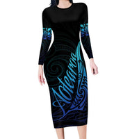 Aotearoa New Zealand Family Matching Long Sleeve Bodycon Dress and Hawaiian Shirt Koru Fern Blue Gradient