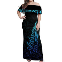 Aotearoa New Zealand Off Shoulder Maxi Dress Koru Fern Blue Gradient
