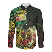 Hawaii Discoverers Day Long Sleeve Button Shirt Polynesian Fish Hook With Hibiscus Reggae