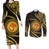 Polynesia Couples Matching Long Sleeve Bodycon Dress and Long Sleeve Button Shirt With Hindu Om Symbol LT05 Gold - Polynesian Pride