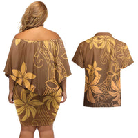 Tiare Tahiti Couples Matching Off Shoulder Short Dress and Hawaiian Shirt Brown Polynesia Motifs - Polynesian Pride