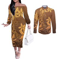 Tiare Tahiti Couples Matching Off The Shoulder Long Sleeve Dress and Long Sleeve Button Shirt Brown Polynesia Motifs - Polynesian Pride