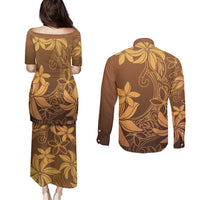 Tiare Tahiti Couples Matching Puletasi and Long Sleeve Button Shirt Brown Polynesia Motifs - Polynesian Pride