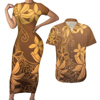 Tiare Tahiti Couples Matching Short Sleeve Bodycon Dress and Hawaiian Shirt Brown Polynesia Motifs - Polynesian Pride