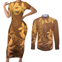 Tiare Tahiti Couples Matching Short Sleeve Bodycon Dress and Long Sleeve Button Shirt Brown Polynesia Motifs - Polynesian Pride