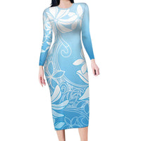 Tiare Tahiti Family Matching Long Sleeve Bodycon Dress and Hawaiian Shirt Blue Polynesia Motifs LT05 Mom's Dress Blue - Polynesian Pride