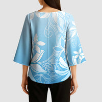 Tiare Tahiti Kimono Sleeve Blouse Blue Polynesia Motifs - Polynesian Pride