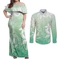 Tiare Tahiti Couples Matching Off Shoulder Maxi Dress and Long Sleeve Button Shirt Matcha Polynesia Motifs - Polynesian Pride
