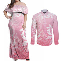 Tiare Tahiti Couples Matching Off Shoulder Maxi Dress and Long Sleeve Button Shirt Pink Polynesia Motifs - Polynesian Pride