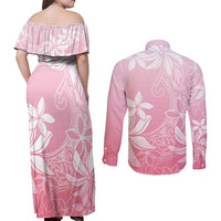 Tiare Tahiti Couples Matching Off Shoulder Maxi Dress and Long Sleeve Button Shirt Pink Polynesia Motifs - Polynesian Pride
