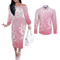 Tiare Tahiti Couples Matching Off The Shoulder Long Sleeve Dress and Long Sleeve Button Shirt Pink Polynesia Motifs - Polynesian Pride