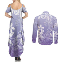 Tiare Tahiti Couples Matching Summer Maxi Dress and Long Sleeve Button Shirt Purple Polynesia Motifs LT05 - Polynesian Pride
