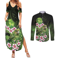 New Zealand Aotearoa Kakapo Couples Matching Summer Maxi Dress and Long Sleeve Button Shirt Maori Pattern With Manuka Galaxy Style LT05 Green - Polynesian Pride