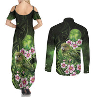 New Zealand Aotearoa Kakapo Couples Matching Summer Maxi Dress and Long Sleeve Button Shirt Maori Pattern With Manuka Galaxy Style LT05 - Polynesian Pride