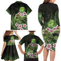 New Zealand Aotearoa Kakapo Family Matching Long Sleeve Bodycon Dress and Hawaiian Shirt Maori Pattern With Manuka Galaxy Style LT05 - Polynesian Pride