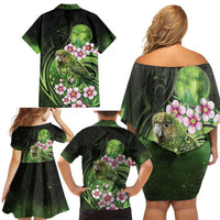 New Zealand Aotearoa Kakapo Family Matching Off Shoulder Short Dress and Hawaiian Shirt Maori Pattern With Manuka Galaxy Style - Polynesian Pride