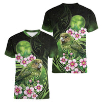 New Zealand Aotearoa Kakapo Women V-Neck T-Shirt Maori Pattern With Manuka Galaxy Style - Polynesian Pride