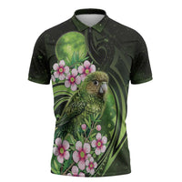 New Zealand Aotearoa Kakapo Zipper Polo Shirt Maori Pattern With Manuka Galaxy Style LT05 Green - Polynesian Pride