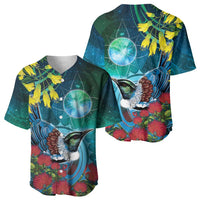 New Zealand Tui Bird Baseball Jersey Maori Koru With Pohutukawa Galaxy Style - Polynesian Pride