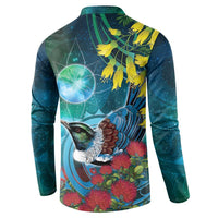 New Zealand Tui Bird Button Sweatshirt Maori Koru With Pohutukawa Galaxy Style - Polynesian Pride