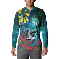 New Zealand Tui Bird Button Sweatshirt Maori Koru With Pohutukawa Galaxy Style - Polynesian Pride