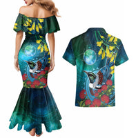 New Zealand Tui Bird Couples Matching Mermaid Dress and Hawaiian Shirt Maori Koru With Pohutukawa Galaxy Style - Polynesian Pride