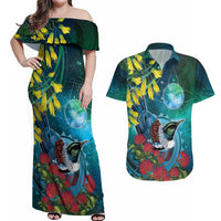 New Zealand Tui Bird Couples Matching Off Shoulder Maxi Dress and Hawaiian Shirt Maori Koru With Pohutukawa Galaxy Style LT05 Blue - Polynesian Pride