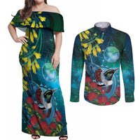 New Zealand Tui Bird Couples Matching Off Shoulder Maxi Dress and Long Sleeve Button Shirt Maori Koru With Pohutukawa Galaxy Style - Polynesian Pride