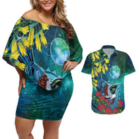 New Zealand Tui Bird Couples Matching Off Shoulder Short Dress and Hawaiian Shirt Maori Koru With Pohutukawa Galaxy Style LT05 Blue - Polynesian Pride