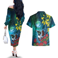 New Zealand Tui Bird Couples Matching Off The Shoulder Long Sleeve Dress and Hawaiian Shirt Maori Koru With Pohutukawa Galaxy Style LT05 - Polynesian Pride