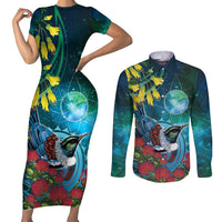 New Zealand Tui Bird Couples Matching Short Sleeve Bodycon Dress and Long Sleeve Button Shirt Maori Koru With Pohutukawa Galaxy Style LT05 Blue - Polynesian Pride