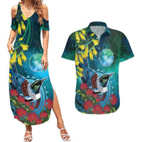 New Zealand Tui Bird Couples Matching Summer Maxi Dress and Hawaiian Shirt Maori Koru With Pohutukawa Galaxy Style LT05 Blue - Polynesian Pride