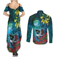 New Zealand Tui Bird Couples Matching Summer Maxi Dress and Long Sleeve Button Shirt Maori Koru With Pohutukawa Galaxy Style - Polynesian Pride