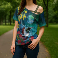 New Zealand Tui Bird Cross Shoulder Shirt Maori Koru With Pohutukawa Galaxy Style LT05 - Polynesian Pride
