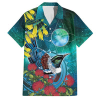 New Zealand Tui Bird Family Matching Mermaid Dress and Hawaiian Shirt Maori Koru With Pohutukawa Galaxy Style LT05 Dad's Shirt - Short Sleeve Blue - Polynesian Pride