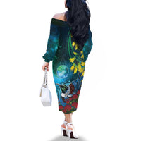 New Zealand Tui Bird Family Matching Off The Shoulder Long Sleeve Dress and Hawaiian Shirt Maori Koru With Pohutukawa Galaxy Style LT05 - Polynesian Pride