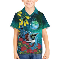 New Zealand Tui Bird Family Matching Off The Shoulder Long Sleeve Dress and Hawaiian Shirt Maori Koru With Pohutukawa Galaxy Style LT05 - Polynesian Pride