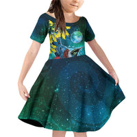 New Zealand Tui Bird Family Matching Off Shoulder Short Dress and Hawaiian Shirt Maori Koru With Pohutukawa Galaxy Style LT05 Daughter's Dress Blue - Polynesian Pride