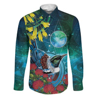 New Zealand Tui Bird Family Matching Off Shoulder Short Dress and Hawaiian Shirt Maori Koru With Pohutukawa Galaxy Style LT05 Dad's Shirt - Long Sleeve Blue - Polynesian Pride
